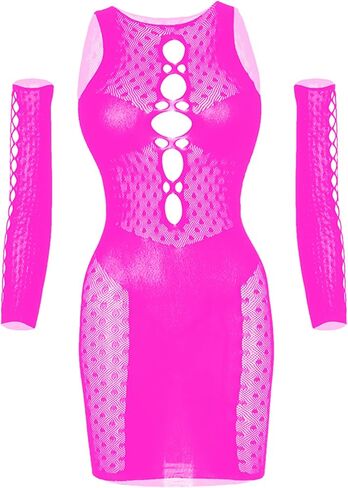 Women's Mesh Lingerie Fishnet Babydoll Mini Dress Free Size Bodysuit See Through Shirts Hot Pink in Saudi Arabia