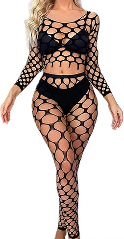 Women's Fishnet Bodystocking Lingerie Long Sleeve Mesh Top and Tights Set Sexy Club Outfits One Size in Saudi Arabia