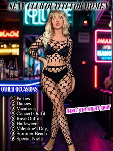 Women's Fishnet Bodystocking Lingerie Long Sleeve Mesh Top and Tights Set Sexy Club Outfits One Size in Saudi Arabia