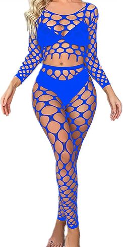 Women's Fishnet Bodystocking Lingerie Long Sleeve Mesh Top and Tights Set Sexy Club Outfits One Size in Saudi Arabia