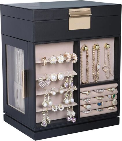 STYLIFING Large Jewelry Box 360°Rotating, Jewelry Organizer Box with 4 Drawers, Jewelry Boxes for Women, Jewelry Organizers and Storage with Glass Window for Necklace, Earrings, Rings Storage, Black in Saudi Arabia