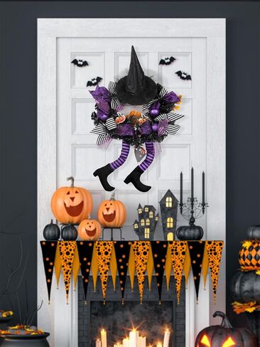 Halloween Wreath for Front Door Multi-Legged Witch Outdoor Decorations Outside Scary Signs Decor Large Black Clearance Hangers Happy Decoration Orange Ornaments Wreaths Maple Leaf Party in Saudi Arabia