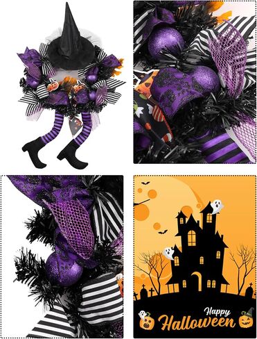 Halloween Wreath for Front Door Multi-Legged Witch Outdoor Decorations Outside Scary Signs Decor Large Black Clearance Hangers Happy Decoration Orange Ornaments Wreaths Maple Leaf Party in Saudi Arabia