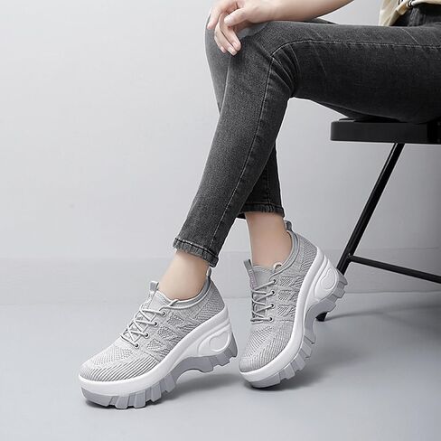 Women's Chunky Platform Comfort Orthopedic Wedge Walking Shoes Fashion Knitted Breathable Lace Up Lug Sole Casual Non-Slip Running Shoes with Arch Support in Saudi Arabia