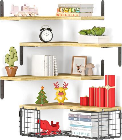 4+1 أرفف زاوية عائمة مع سلة تخزين سلكية، أرفف حائط زاوية من الخشب الريفي للحمام، المطبخ، غرفة النوم، غرفة المعيشة، المكتب، رف الزاوية مثبت على الحائط باللون البني الريفي in Kuwait