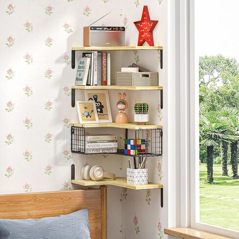 4+1 أرفف زاوية عائمة مع سلة تخزين سلكية، أرفف حائط زاوية من الخشب الريفي للحمام، المطبخ، غرفة النوم، غرفة المعيشة، المكتب، رف الزاوية مثبت على الحائط باللون البني الريفي in Kuwait