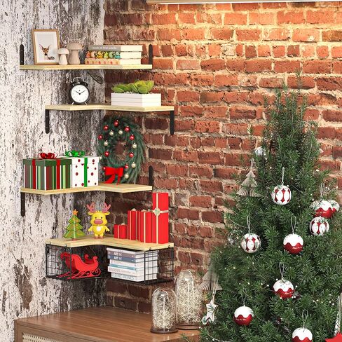 4+1 أرفف زاوية عائمة مع سلة تخزين سلكية، أرفف حائط زاوية من الخشب الريفي للحمام، المطبخ، غرفة النوم، غرفة المعيشة، المكتب، رف الزاوية مثبت على الحائط باللون البني الريفي in Kuwait