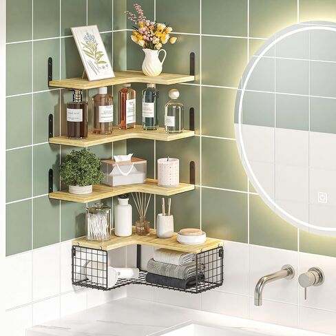 4+1 أرفف زاوية عائمة مع سلة تخزين سلكية، أرفف حائط زاوية من الخشب الريفي للحمام، المطبخ، غرفة النوم، غرفة المعيشة، المكتب، رف الزاوية مثبت على الحائط باللون البني الريفي in Kuwait