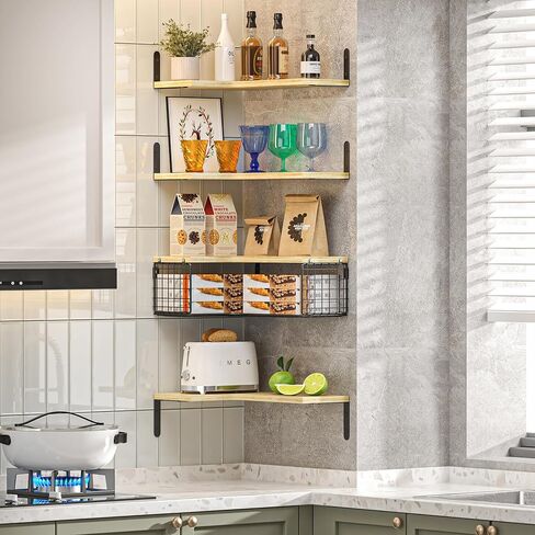 4+1 أرفف زاوية عائمة مع سلة تخزين سلكية، أرفف حائط زاوية من الخشب الريفي للحمام، المطبخ، غرفة النوم، غرفة المعيشة، المكتب، رف الزاوية مثبت على الحائط باللون البني الريفي in Kuwait