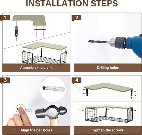4+1 أرفف زاوية عائمة مع سلة تخزين سلكية، أرفف حائط زاوية من الخشب الريفي للحمام، المطبخ، غرفة النوم، غرفة المعيشة، المكتب، رف الزاوية مثبت على الحائط باللون البني الريفي in Kuwait
