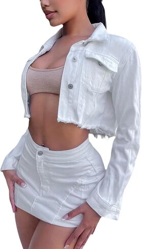 Women's Button Down Jacket Long Sleeve Cropped Top Denim Jeans Coat in Saudi Arabia