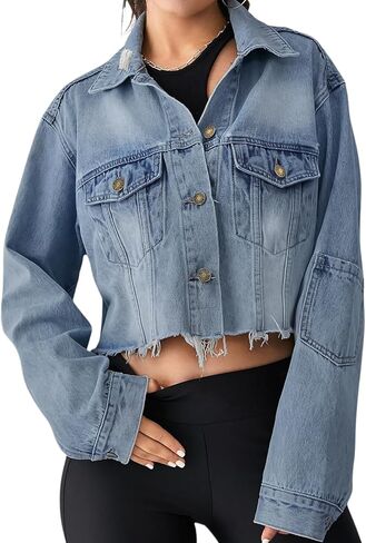 Women's Button Down Jacket Long Sleeve Cropped Top Denim Jeans Coat in Saudi Arabia