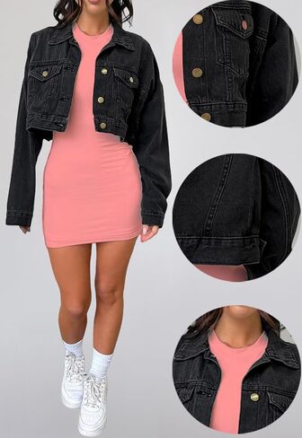 Women's Cropped Denim Washed Distressed Button Down Long Sleeve Jean Jacket Coats in Saudi Arabia