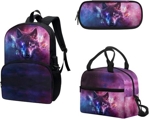 Wolf Galaxy Bookbag And Lunch Box Kids 5th Grade Girls School Backpack Aesthetic School Bookbag Purple Insulation Lunch Box Strap Pencil Case Large Capacity 3 Pieces in Kuwait