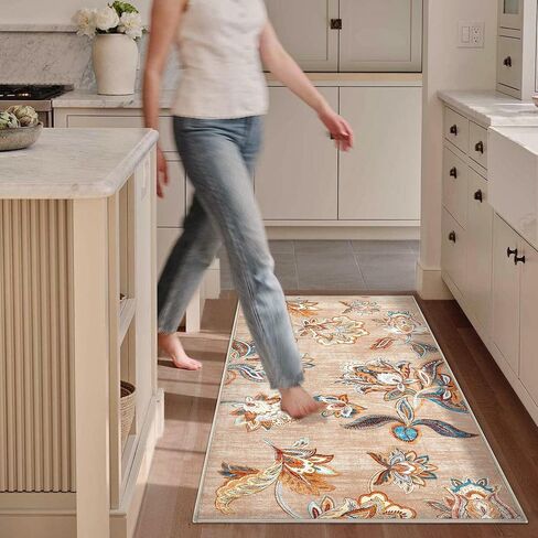 Area Rug 2x6 Runner Rug, Machine Washable Runner Boho Hallway Rugs Non-Slip Soft Low Pile Floral Carpet Runner for Hallways Kitchen Laundry Bedroom Bathroom(Beige,2'x6') in Saudi Arabia