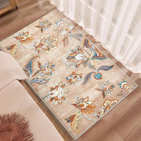 Area Rug 2x6 Runner Rug, Machine Washable Runner Boho Hallway Rugs Non-Slip Soft Low Pile Floral Carpet Runner for Hallways Kitchen Laundry Bedroom Bathroom(Beige,2'x6') in Saudi Arabia