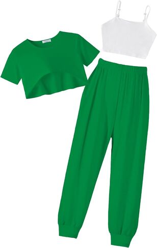 Arshiner Girls 3 Piece Set Short Sleeve High Low Hem Overlay Top & Cami with Sweatpants Kids Outfit 6-13 Years in Saudi Arabia