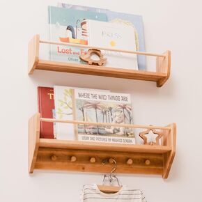 Nursery Wall Bookshelf Wooden Book Shelves for Kids Wall Mounted Shelf with Hooks Nursery Decor Kids Montessori Furniture Baby Shower Gift Toodler Gift (Small)