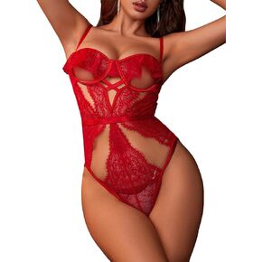 Women's Cut Out Spaghetti Strap Underwire Lingerie One Piece Lace Sheer Teddy Bodysuits Nightgown
