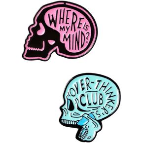 2Pcs Over-Thinker's Club/Where Is My Mind Skull Premium Quality Enamel Zinc Alloy Brooches Novelty Statement Pin for DIY Cosplay Custome Backpacks Jeans Jackets Clothing Gifts Men Women