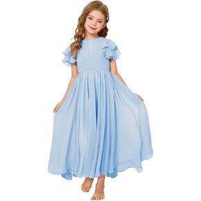 Flower Girl Maxi Dress for Wedding Bridesmaids Flowy Chiffon Teens Ruffle Sleeve Formal Party Pageant Gown