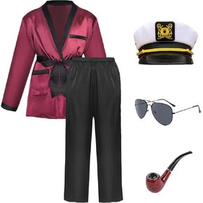 Men Smoking Robe Jacket With Black Pants Includes Captain Hat and Toy Pipe Costume Sunglasses