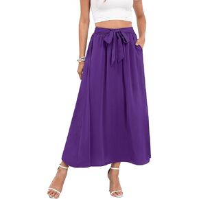 Askyes Womens Maxi Skirt Summer Trendy Tie Knot Elastic High Waisted Boho Casual Beach Flowy Swing Long Skirts with Pockets