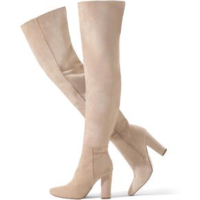 Shoe'N Tale Thigh High Over The Knee Boots for Women Block Chunky Heel Suede Long Pointed Toe Boots