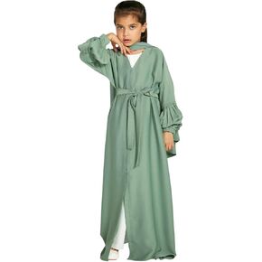 AWIBMK Girls Abayas Pleated layered Open Abaya Dubai Kaftan Prayer Dress with Belt Kids Islamic Muslim Cardigan Kimono Robe