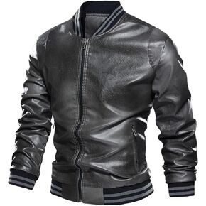Mens Stand Collar Leather Jacket Motorcycle Lightweight Varsity Faux Leather Bomber Casual Outwear