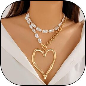 Y2k Large Heart Necklaces for Women Chunky Love Pearl Choker Necklaces Exaggerated Large Hollow Heart Pendant Necklace Dainty Statement Jewelry Gifts