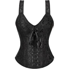 Women's Gothic Jacquard Bustiers Shoulder Straps Tank Overbust Corset Cosplay Suit