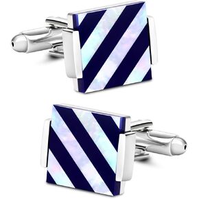 Mother of Pearl Cuff-links Onyx Stripe Tuxedo Cufflinks in a Gift Bag Wedding Gift For men (Blue and Silver)