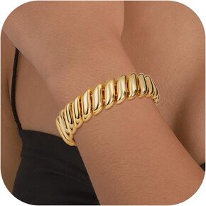 ORAZIO Gold Bangles for Women - 14K Gold Plated Cuff Bangle Bracelets Wide Chunky Gold Bracelet Waterdrop Open Wrist Cuff Bracelet Stretchable Thick Gold Bangles Irregular Twisted Womens Bangles Bracelets