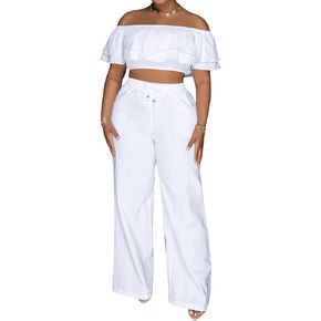 Adogirl 2 Piece Outfits For Women Off Shoulder Ruffle Trim Short Sleeve Top Wide Leg Pants Sets Sexy Outfits