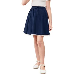 GORLYA Girls Casual Elastic High Waist A-Line Swing Linen Skirts with Scallop Trim Lace Hem for 4-14T