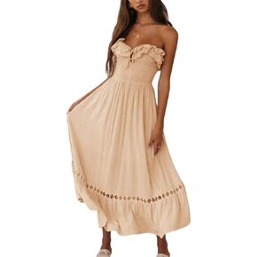 SAUKOLE Women's Summer Sleeveless Strapless Ruffle Off The Shoulder Swing Cocktail Party Dress