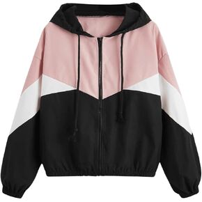 SweatyRocks Women's Plus Size Rain Jacket Colorblock Zip Up Hoodie Windbreaker Cropped Coat