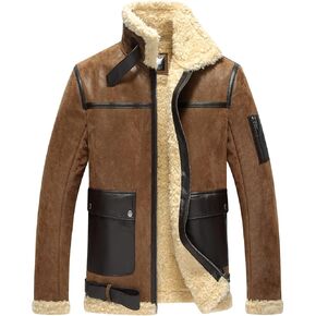 FLAVOR Men's Leather Aviator Jacket Motorcycle Bomber Shearling Coat