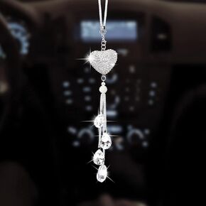 PAGOW Bling Heart Rhinestones Hanging Charm for Rear View Mirror, Silver Crystal Diamond Auto Interior Ornament Pendant Car Accessories Valentines Luxury Decor for Women Men