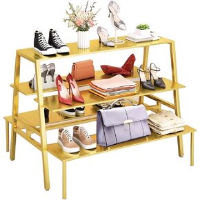Metal Heavy Duty Display Table,3 Tier Standing Display Riser Shelf,Double Side Shoe Handbag Display Stand,Modern Tiered Display Stand for Clothing Shop