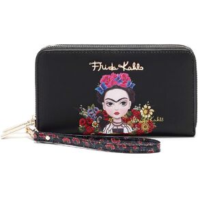 Frida Kahlo Cartoon Collection Two Zip Around Wallet with Wristlet (Black/Black)
