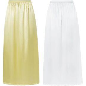 Multitrust 2Pcs Half Slip for Women Under Dress Long Satin Flowy Full Length Slips with Lace Trim for Underskirt