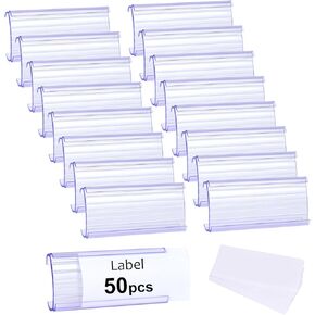 50 Pcs Wire Shelf Label Holders Plastic Wire Label Holder Shelf Tags for Wire Shelving Metro Shelving Clips Wire Rack Label Holder with Label Paper Inserts, Compatible with 1-1/4 Inch Shelves ﻿