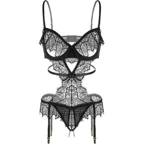 Sexy Bodysuits Women Strappy One Piece Teddy Lingerie Lace Babydoll With Garter Cut Out Teddy Jumpsuit