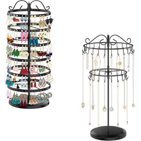 iDavosicly 6 Tier Metal Rotating Earring Holder Organizer & 2 Tier Rotating Necklace Organizer, Adjustable Earring Bracelet Keychain Tree Organizer for Women Girl