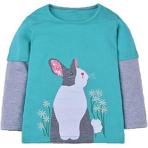 Rabbit Elephant 100% Cotton Little Girls Top Long Sleeve Clothes Toddler Kids T-Shirt (Pink,18M-6T)
