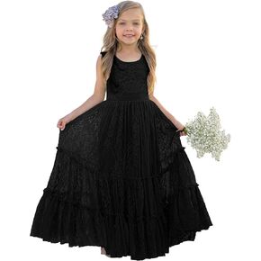 Flower Girl Dress Lace Boho Toddler Dresses Ruffle Girl Dress for Wedding Garden Party Holiday Communion Sleeveless