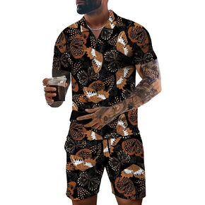 Men's Short Sets Outfits 2 piece Printed Animals Summer Tracksuit Short Sleeve Polo Shirt and Short Sets Vacation Outfits