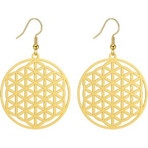 Amaxer Flower of Life Seed of Life Mandala Sacred Geometry Protection Statement Hollowed Out Pendant Charm Drop Dangle Earrings (style 1, gold)